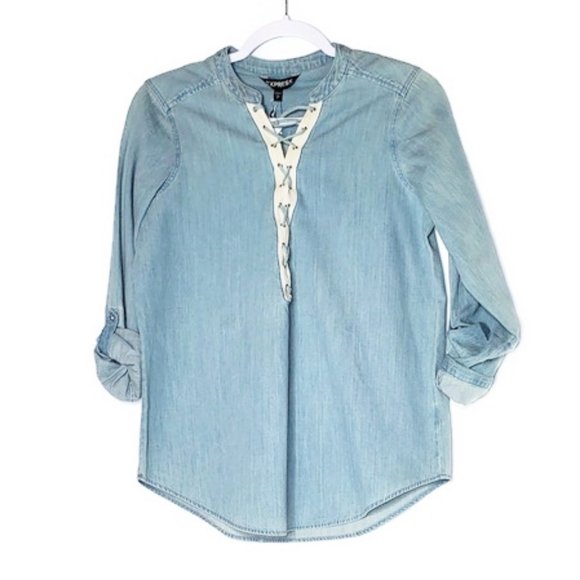 Express Denim 3/4 Roll Up Sleeve Lace-up Top. *NWT ~ Small * - Picture 3 of 5